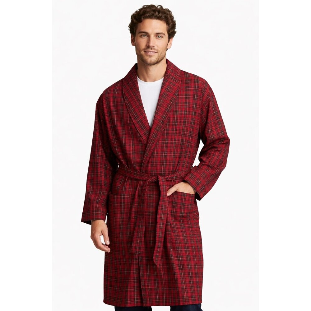 Tommy Hilfiger Red Plaid Cotton Robe One Size Long Sleeve Tie Sleepwear